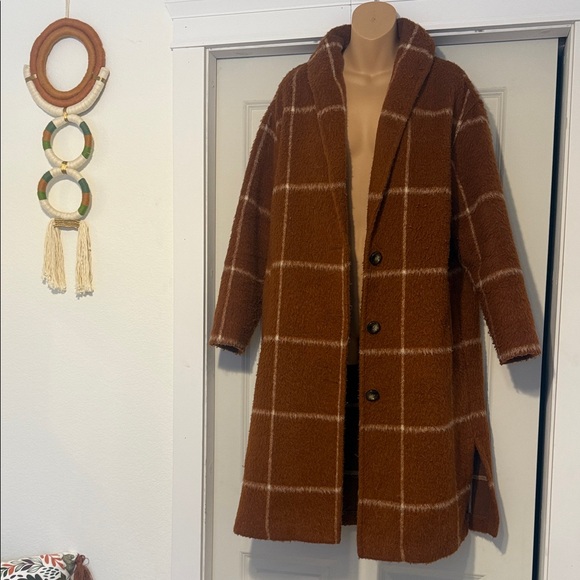Brown / burnt orange Plaid Women's Coat - Picture 3 of 5